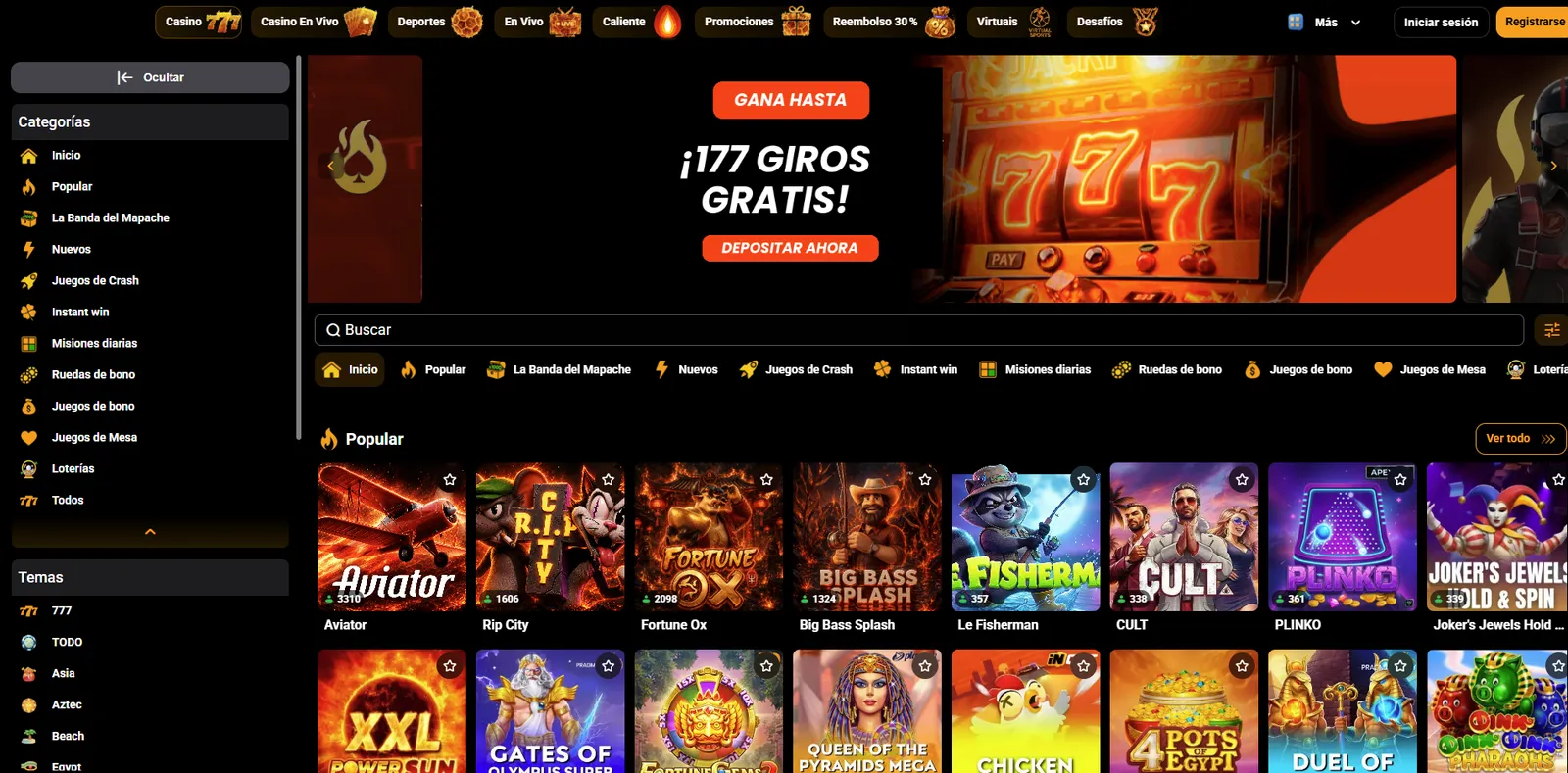 Spanish-language casino lobby on Spincloud: category sidebar, free-spins promotion and a popular slots grid