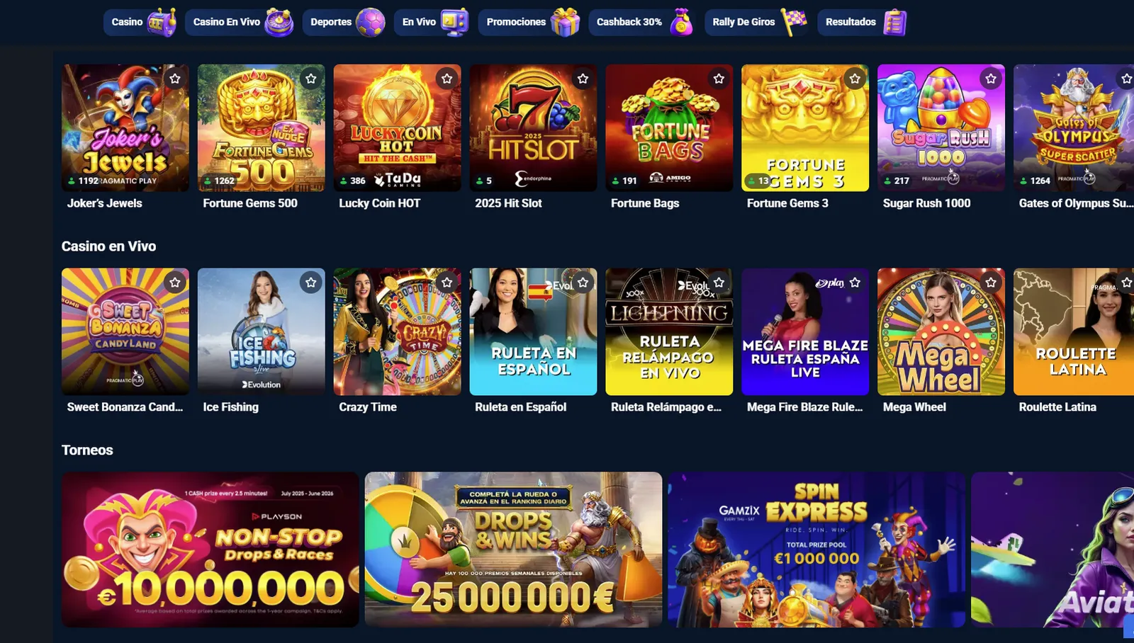 Casino front-end on Spincloud showing slot rows, a live dealer section with Crazy Time and roulette, and prize-pool tournaments