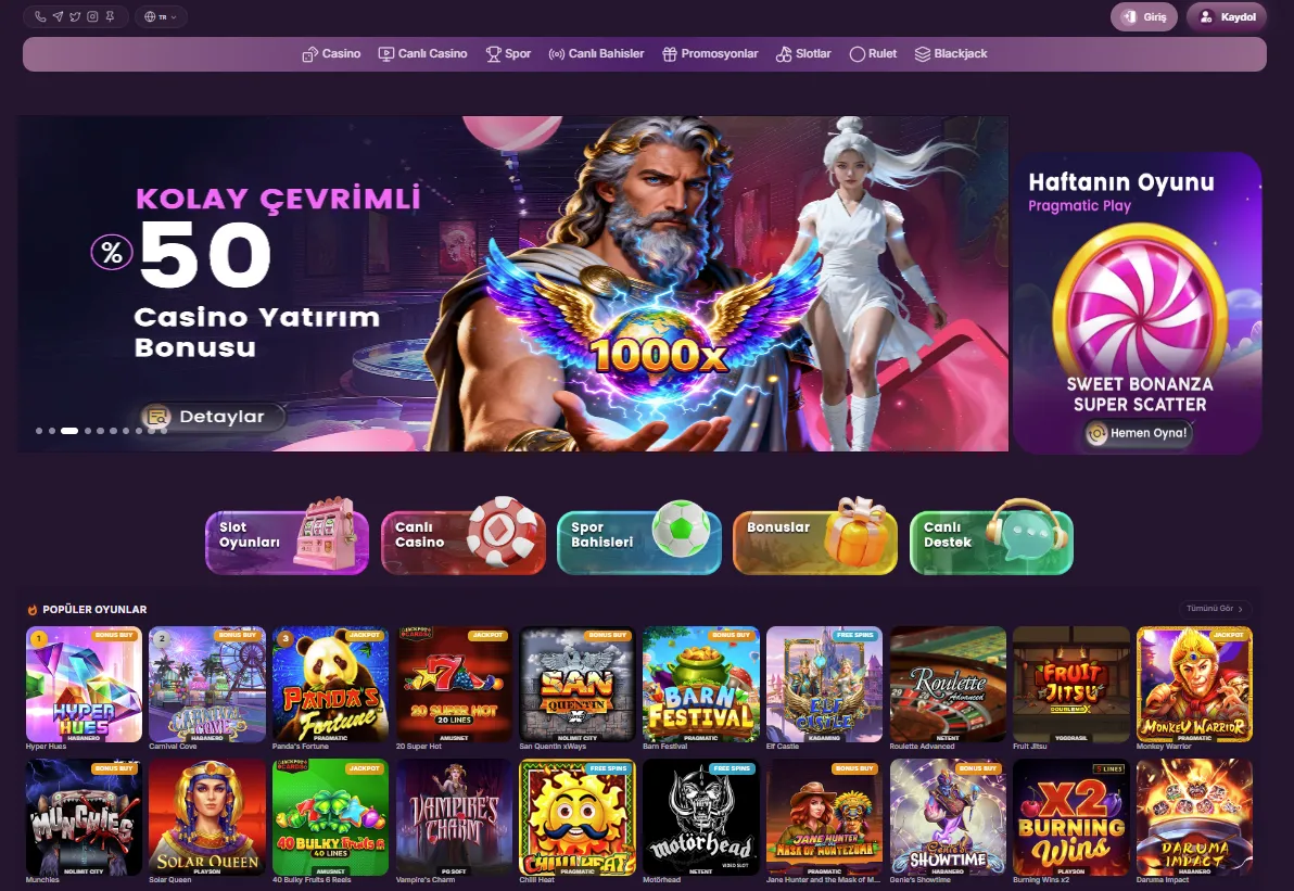 Turkish-language casino homepage on Spincloud with a deposit-bonus carousel, category shortcuts and a popular games grid