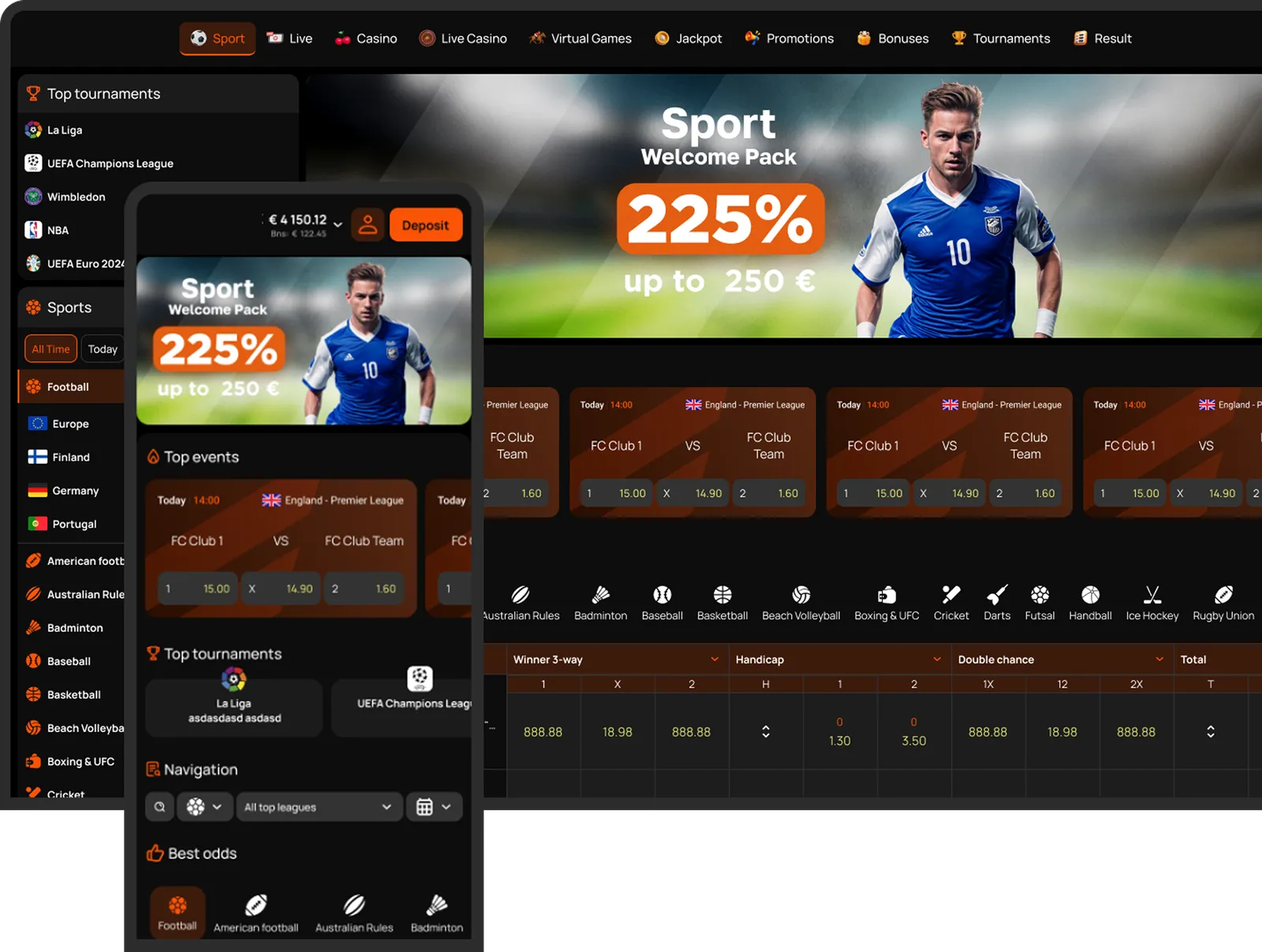 Sportsbook front-end on Spincloud shown on desktop and mobile: welcome bonus, top tournaments sidebar and a live odds table