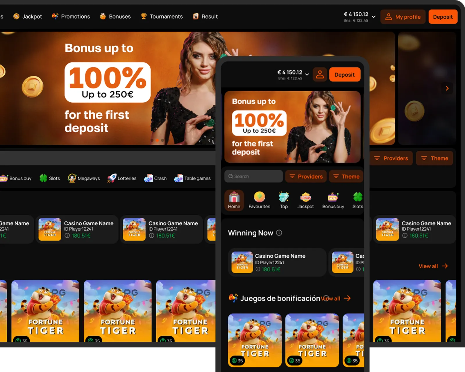 Casino front-end on Spincloud shown on desktop and mobile: deposit bonus banner, game categories and a live winners feed